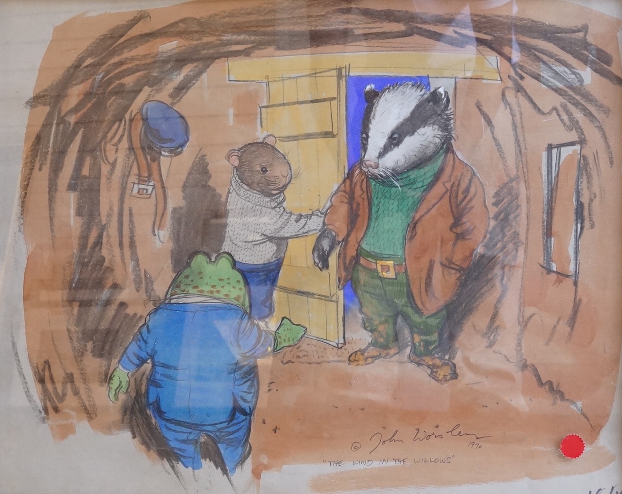 John Worsley (1919-2000), ‘Badger calls on Ratty and Toad’, signed and dated 1970, original illustration for Wind in the Willows, 50 x 63cm